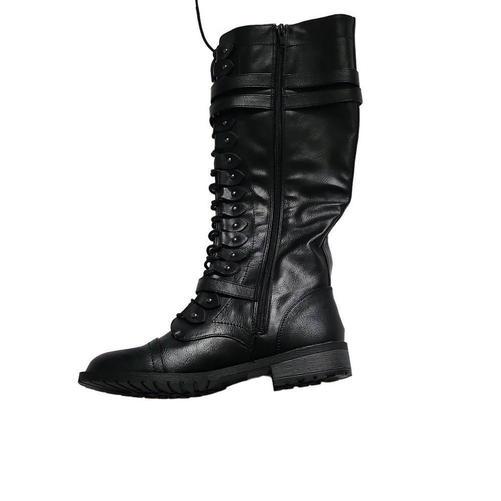 Illude Ladies Timberly Black Knee High Lace Up Buckle Military Boots - Size 7 - Picture 2 of 9